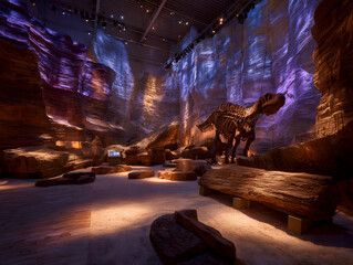 A captivating dinosaur exhibit at a natural history museum showcasing ancient fossils and informative displays under dramatic lighting.