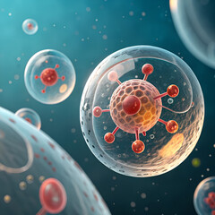 Microscopic view of cells with virus-like particles inside a fluid environment