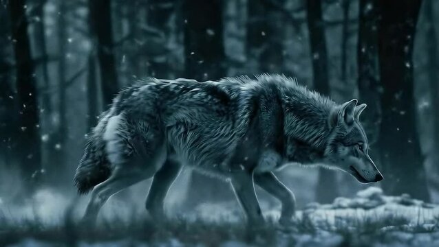 A lone wolf sprints through a snow-covered forest during a light blizzard, its fur dusted with snowflakes.