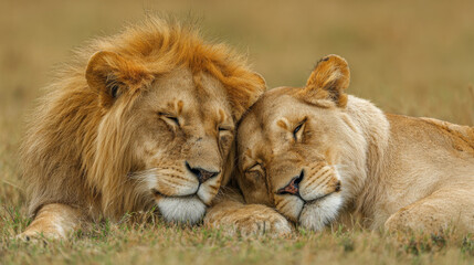 Obraz premium A male and female lion rest peacefully together in Kenya's Masai Mara, captured in a moment of sibling companionship and majestic beauty. 