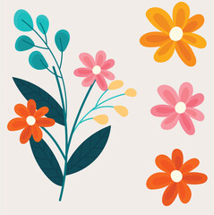 Floral arrangement with teal leaves and orange pink yellow flowers vector