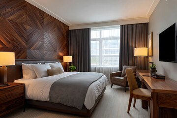 Luxurious hotel room with plush bedding and modern wood accents bedroom double bed