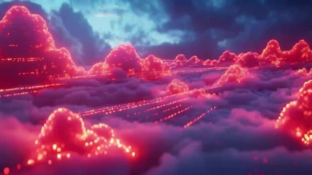 Clouds form a skycity dotted with lights resembling cityscapes beneath against a dusky sky