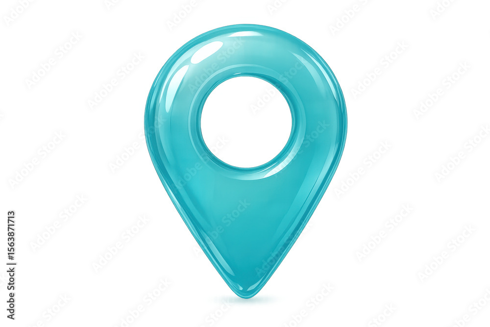 Poster map pointer in turquoise gloss marking specific location, transparent checkered surface signaling na