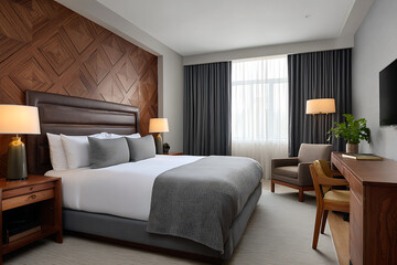 Luxurious hotel suite with plush bedding and rich wood accents hotel room bedroom