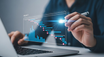Person interacting with holographic project timeline project management Gantt chart