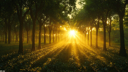 Obraz premium Serene Sunlight Streaming Through Trees in Lush Green Forest