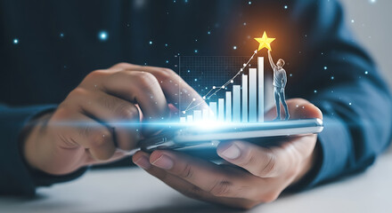Person reaching for golden star above financial graph on phone business success