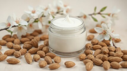 Nourishing skin cream in a clear jar surrounded by brown nuts and delicate white blossoms conveying nature's gentle touch for wellness