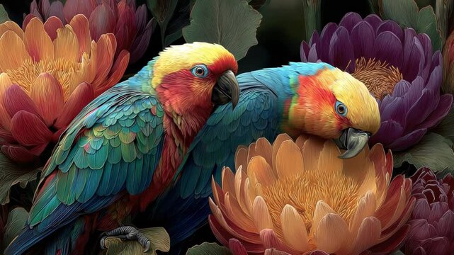 Two colorful parrots are seen nestled among bright, blooming flowers in a lush garden, showcasing their striking plumage and the vivid hues of the surrounding flora.