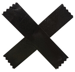 Torn crumpled cross adhesive black tape on transparent background. x sign. 2 piece of cross plastic, glossy shine texture.