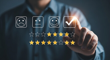 Person selecting positive feedback with stars and emojis rating customer satisfaction