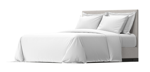 A comfortable and cozy bed is neatly made with crisp, clean white linens, pillows, and a soft, inviting duvet