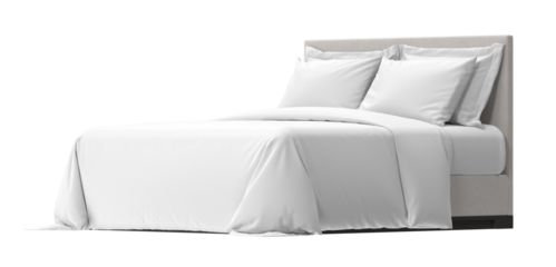 A comfortable and cozy bed is neatly made with crisp, clean white linens, pillows, and a soft, inviting duvet