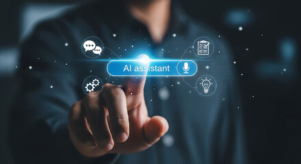 Person touching digital interface with A I assistant and icons AI assistant technology