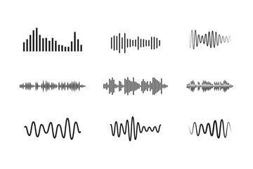 Sound waves sign set, equalizer music waves, musical sound wave beat collection icon, digital and analog line waveforms, frequency audio waveform, electronic signal, voice recording - vector