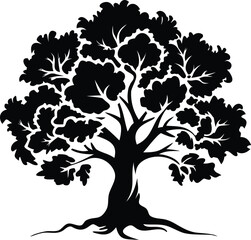 Obraz premium Oak Tree Silhouette – Isolated Vector on White Background