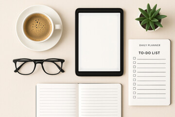 Organized workspace with tablet, notebook, coffee cup, glasses, daily planner, and small plant—minimalist setup for planning, writing, and productivity
