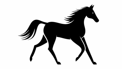 Silhouette image of a black horse running with its mane flowing on a white background illustration