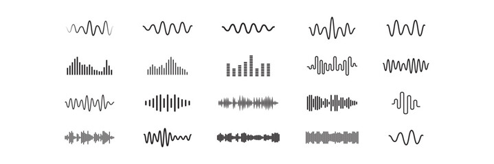  Sound waves sign set, equalizer music waves, musical sound wave beat collection icon, digital and analog line waveforms, frequency audio waveform, electronic signal, voice recording.