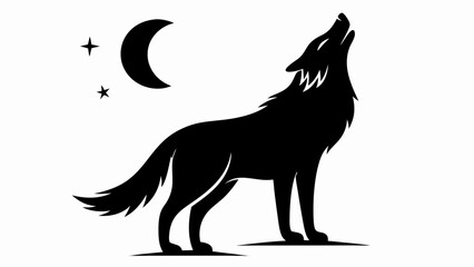 Silhouette of a wolf howling at the moon with stars in a black and white vector illustration design