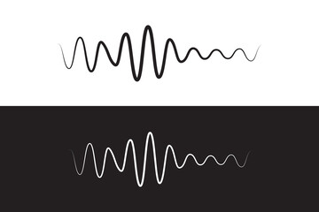 Sound waves sign , digital and analog line waveforms, frequency audio waveform, electronic signal, voice recordin. Monochrome simple sound wave on white & black background. 