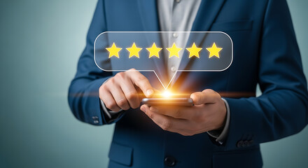 Person using phone with star rating stars review