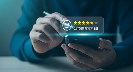 Person using phone with customer review stars and smiley face hand rating