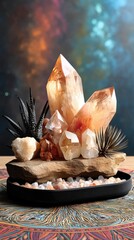 Orange and Black Crystal Cluster on Wooden Tray