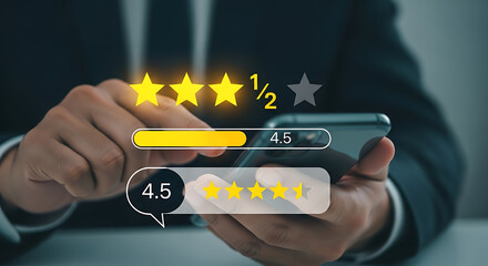 Person using smartphone showing star rating and progress bar hand stars