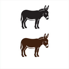 Fototapeta premium Two stylized silhouette donkeys one black and one brown standing on a white background