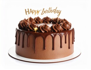 Generated imageDelicious chocolate birthday cake topped with chocolate ganache drip icing and a festive 'Happy Birthday' banner, isolated on a clean white background