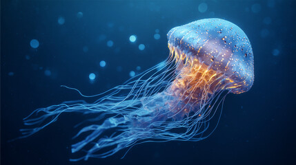 Close-up image of a luminous jellyfish drifting through the sea. 
