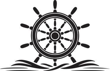 Obraz premium Classic Black and White Ship’s Steering Wheel Silhouette with Oceanic Waves