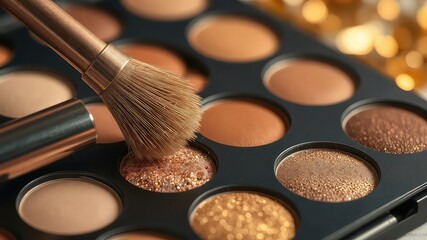 Close up of an eyeshadow palette with various neutral hues and a brush applying glitter powder