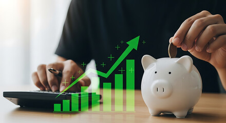 Piggy bank coin deposit with financial growth chart hand calculator