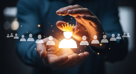 Person with crown protected by hands protection leadership
