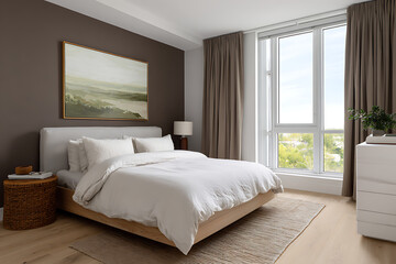 Minimalist bedroom with a large light colored bed and abstract landscape painting white bedding