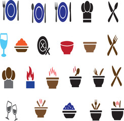 Hotel Services Icon Set Featuring Clothing, Utensils, and Amenities on White Background