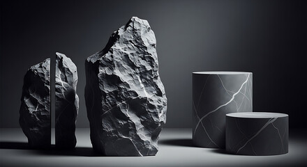 Rough stone and marble pedestals rock grey