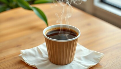 Steaming coffee in eco-friendly paper cup on napkin, clean, brown