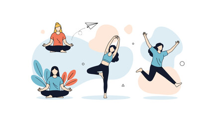 Diverse group of women engaging in various physical activities and mindfulness practices promoting health and well-being