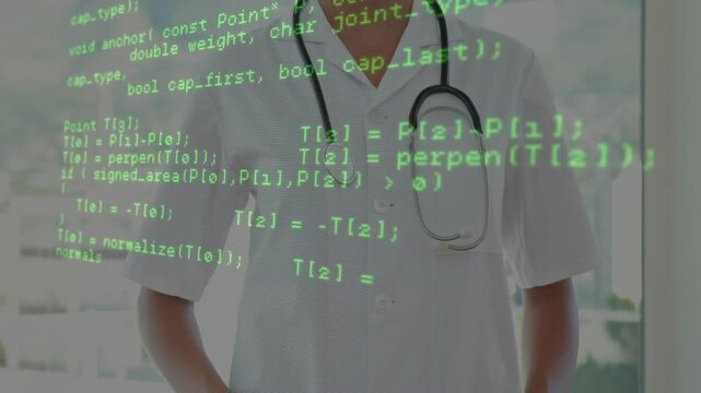 Code overlay fading and revealing doctor smiling in clinic window, inspiring professional trust