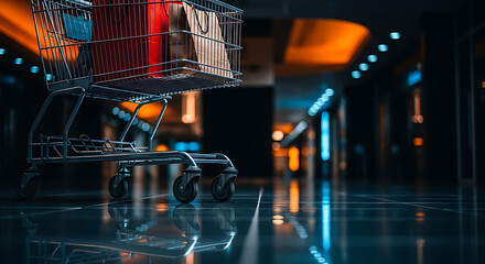 Shopping cart with red and brown bags in a modern mall shopping bags retail