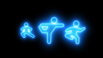 Glowing neon line gymnast icon on the black background.