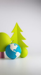 Paper Mache Globe and Trees on White Background