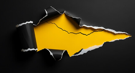 Torn black paper revealing bright yellow background with jagged edges torn paper ripped