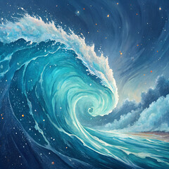 A large ocean wave curls under a starry night sky with clouds in the background