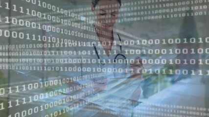 Doctor flipping chart and writing, inspecting vial under fading binary overlay integrating data - Powered by Adobe
