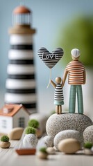 Papercraft Father and Child on Seashore with Lighthouse